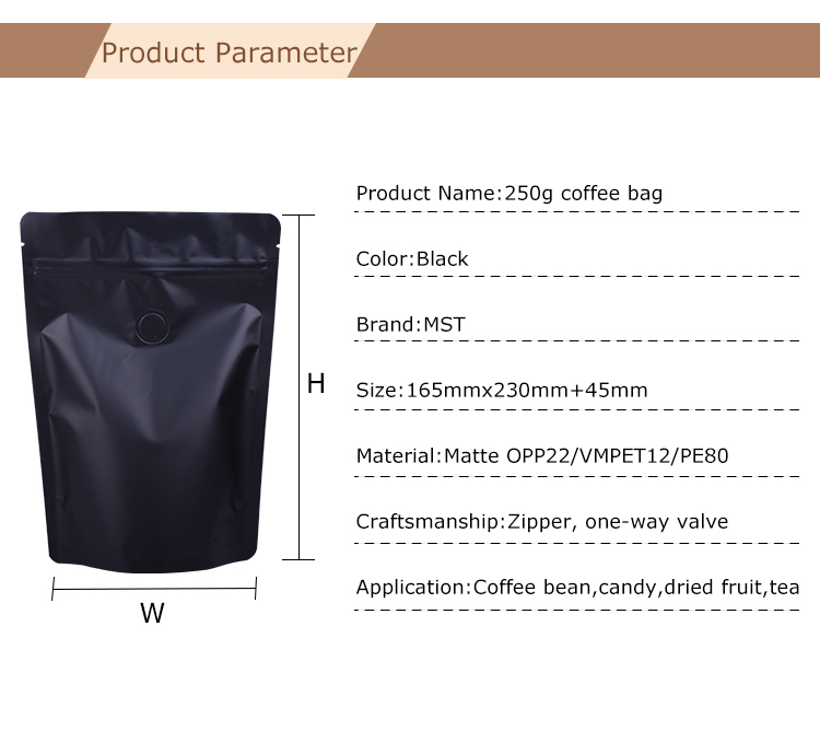100pcs 250g Bolsa de caf&eacute; de pie negro mate con v&aacute;lvula de desgasificaci&oacute;n unidireccional