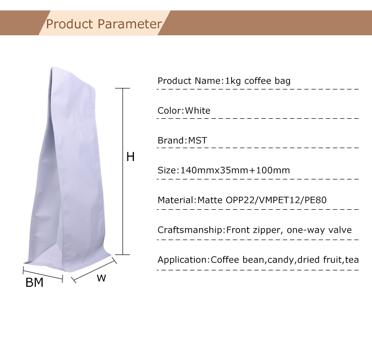 100PCS 1kg Bolsas de caf&eacute; blancas de fondo plano con cremallera frontal