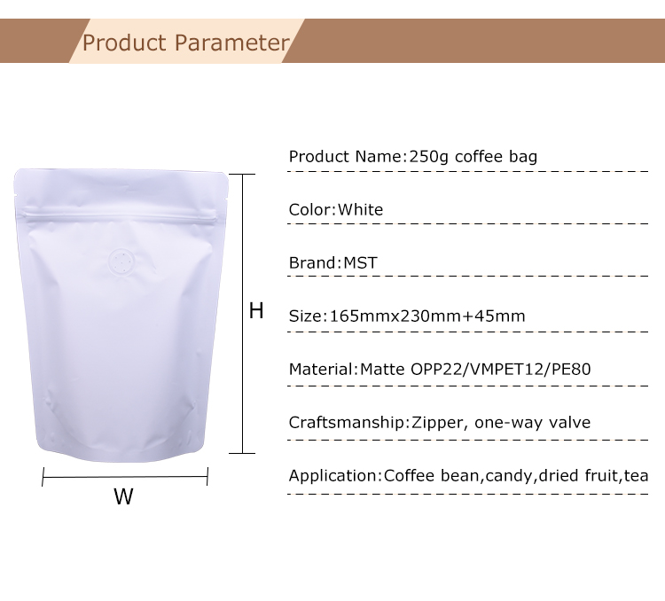 100 bolsas de pie para caf&eacute;, color blanco mate, de 8.0 fl oz.