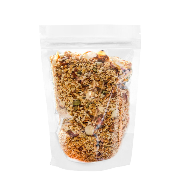 Bolsa de cremallera de granola transparente compostable de pie