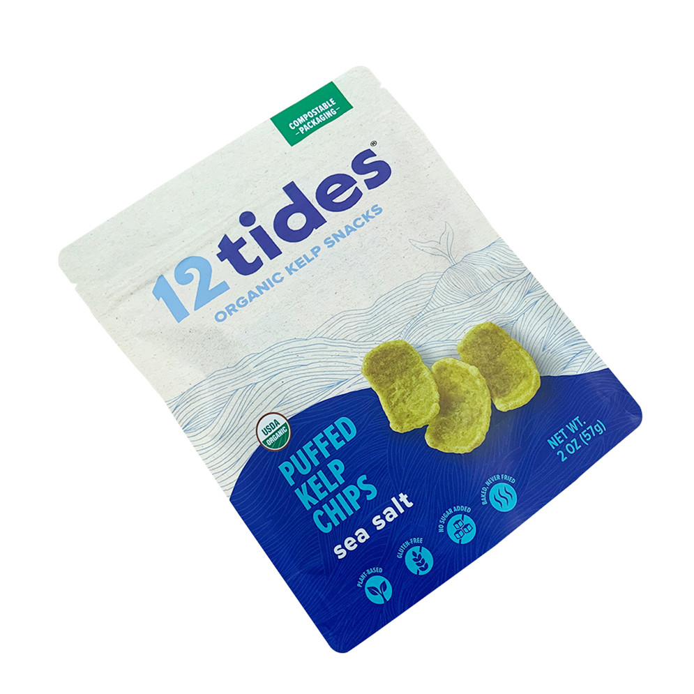 Bolsa de pie 100 % compostable para 12 Tides Chips