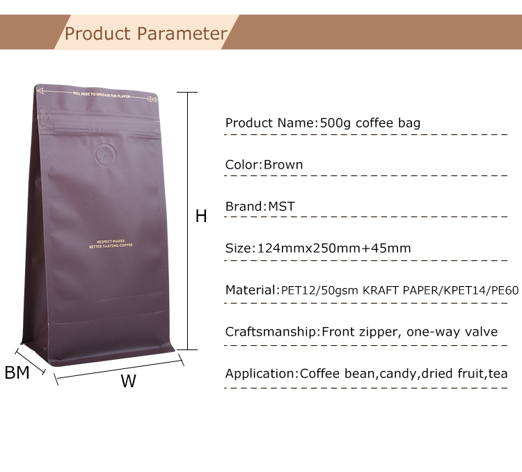 100PCS 500g Papel de aluminio marr&oacute;n Blcok Bottom Bolsa de caf&eacute; con bolsillo con cremallera