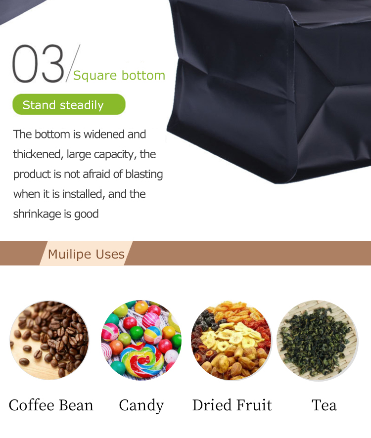 100PCS 1kg Bolsas inferiores de caja de fuelle negro mate de 4 lados