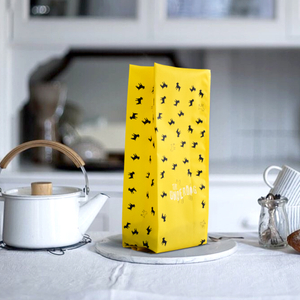 Bolsa de café con fuelle lateral impreso amarillo reciclable con lazo de estaño