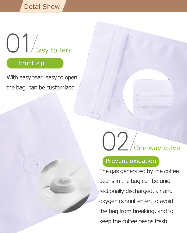 100PCS 1kg Bolsas de caf&eacute; blancas de fondo plano con cremallera frontal